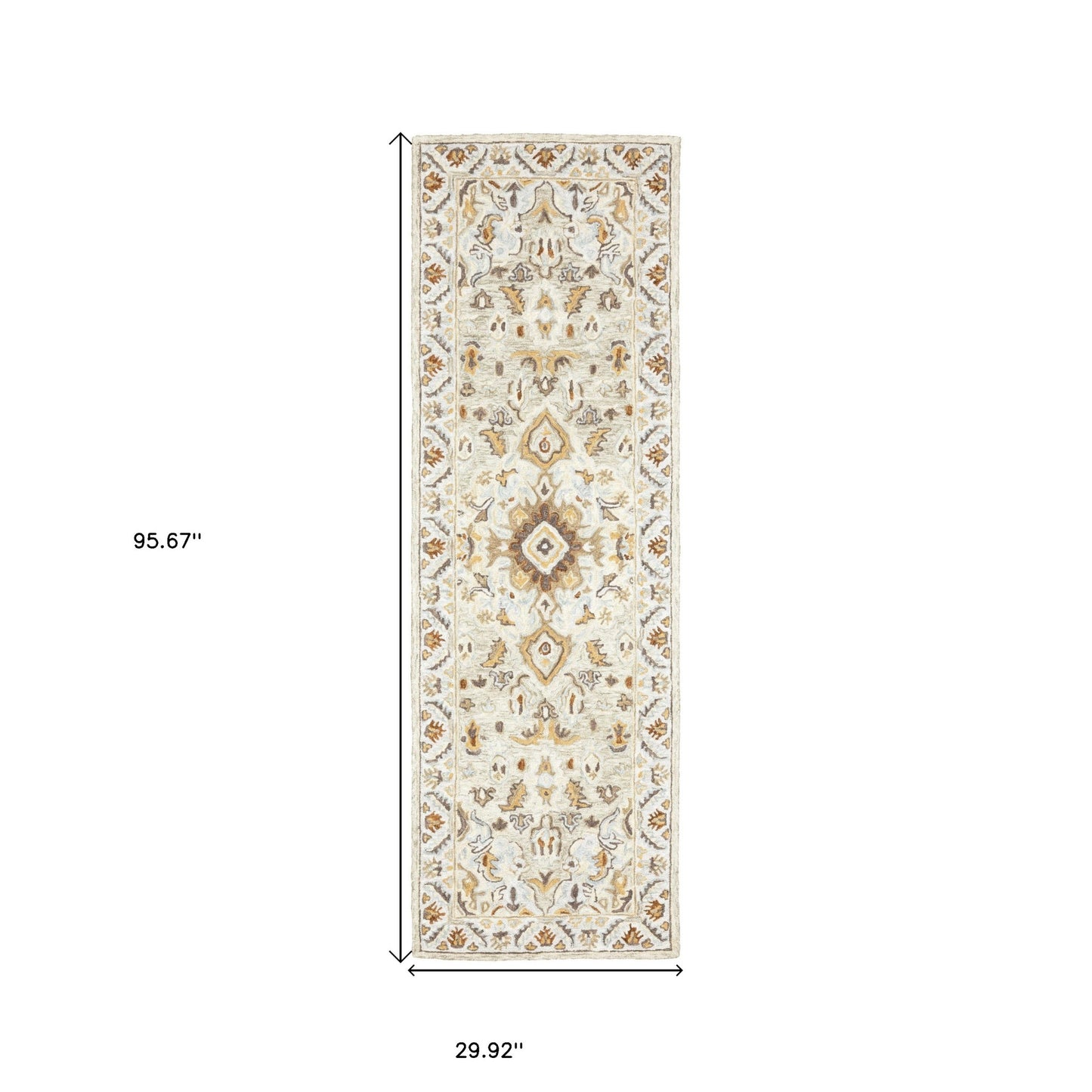 2' X 8' Ivory Beige Gold And Muted Grey Oriental Tufted Handmade Stain Resistant Runner Rug