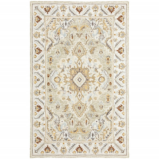 5' X 8' Ivory Beige Gold And Muted Grey Oriental Tufted Handmade Stain Resistant Area Rug