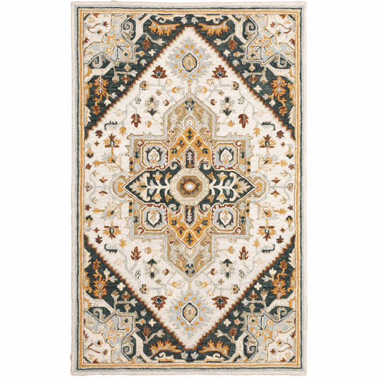 10' X 13' Ivory Charcoal Gold Clay And Muted Blue Oriental Tufted Handmade Stain Resistant Area Rug