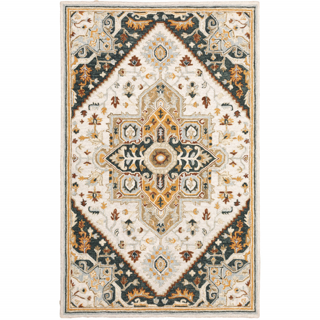 10' X 13' Ivory Charcoal Gold Clay And Muted Blue Oriental Tufted Handmade Stain Resistant Area Rug