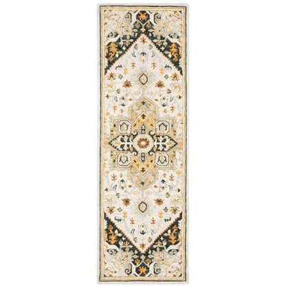 8' Ivory and Black Oriental Handmade Runner Rug