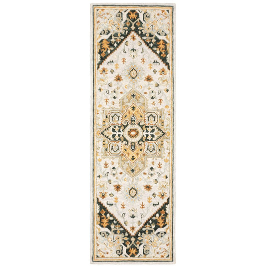 8' Ivory and Black Oriental Handmade Runner Rug