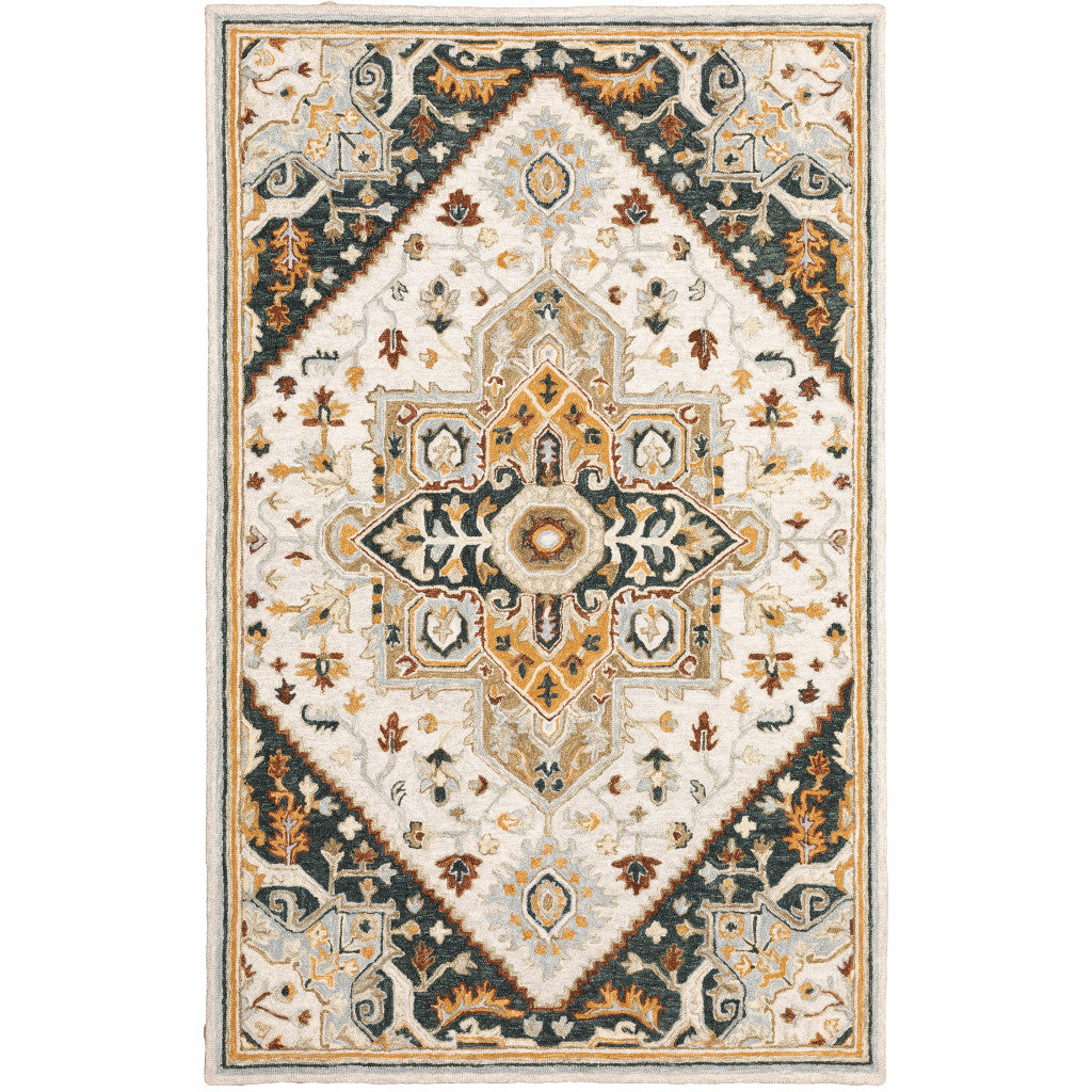 5' X 8' Ivory Charcoal Gold Clay And Muted Blue Oriental Tufted Handmade Stain Resistant Area Rug