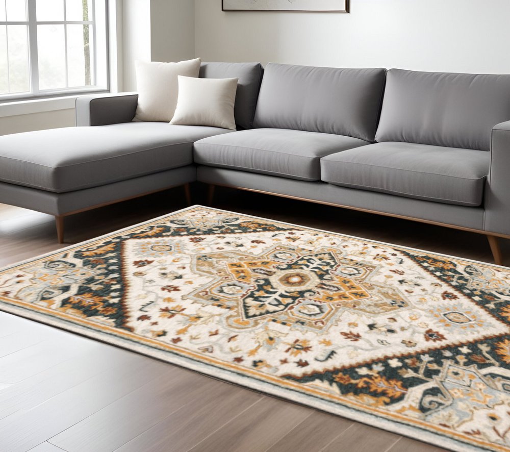 8' X 10' Ivory Charcoal Gold Clay And Muted Blue Oriental Tufted Handmade Stain Resistant Area Rug