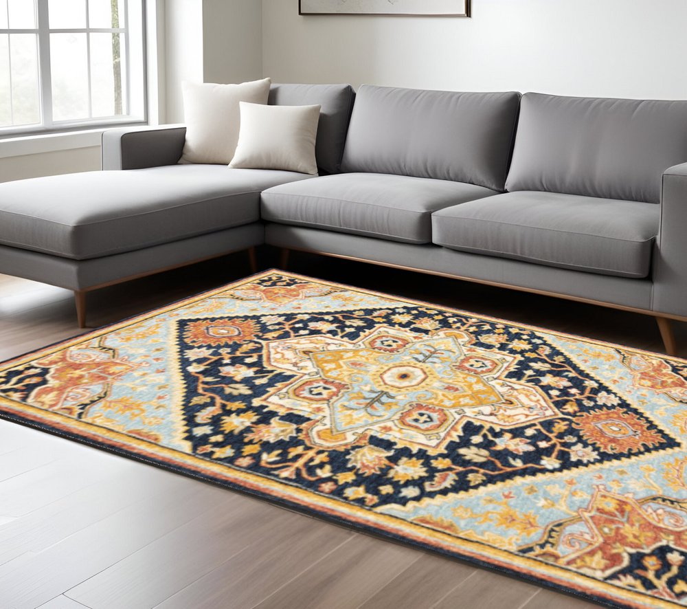 10' X 13' Navy Rust Blue Ivory And Gold Oriental Tufted Handmade Stain Resistant Area Rug