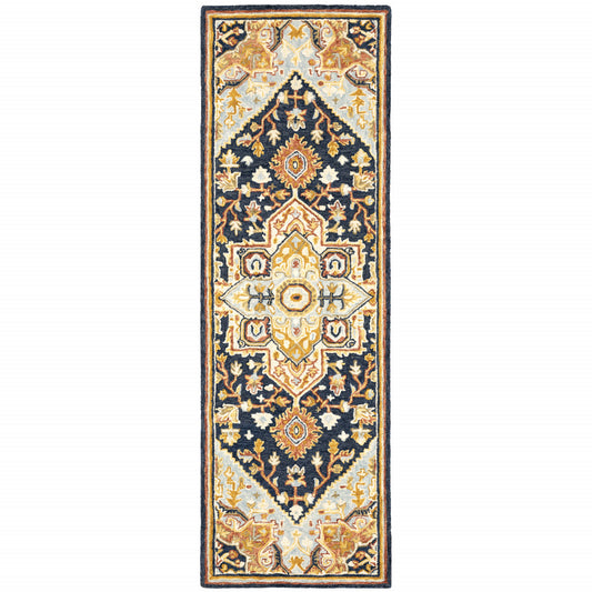 2' X 8' Navy Rust Blue Ivory And Gold Oriental Tufted Handmade Stain Resistant Runner Rug