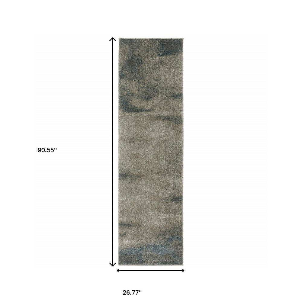 8' Beige And Blue Abstract Distressed Runner Rug