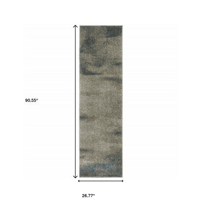 8' Beige And Blue Abstract Distressed Runner Rug