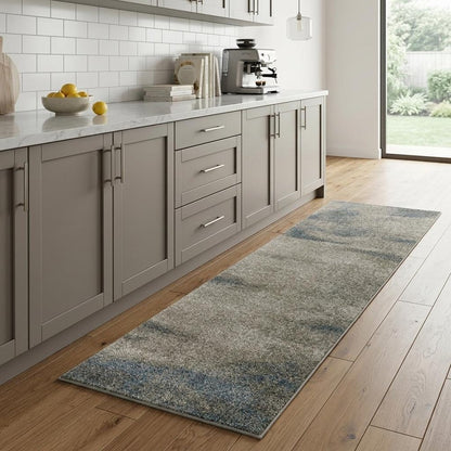 8' Beige And Blue Abstract Distressed Runner Rug