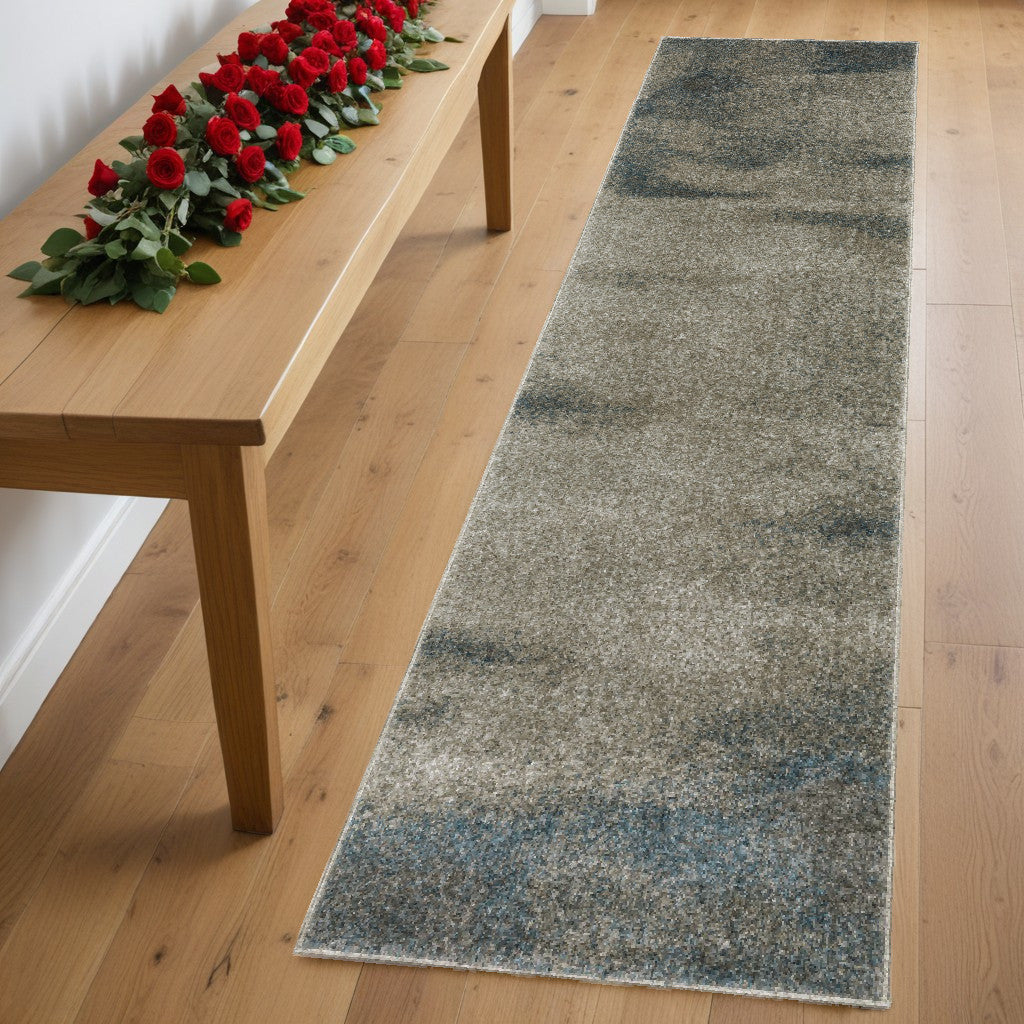 8' Runner Grey and Teal Blue Abstract Power Loom Runner Rug