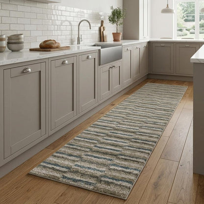 8' Beige And Blue Abstract Distressed Runner Rug