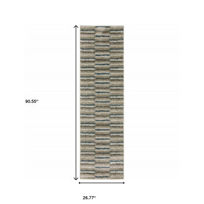 8' Beige And Blue Abstract Distressed Runner Rug
