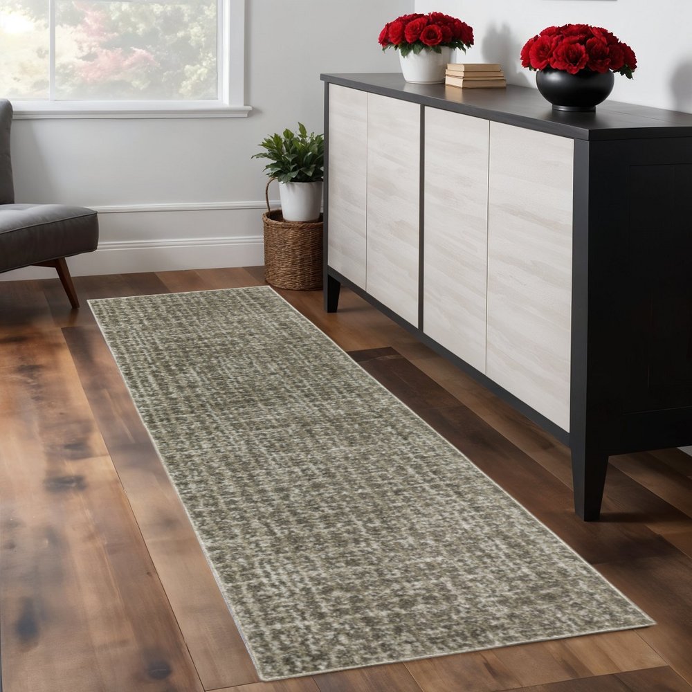 8' Brown And Beige Geometric Distressed Runner Rug