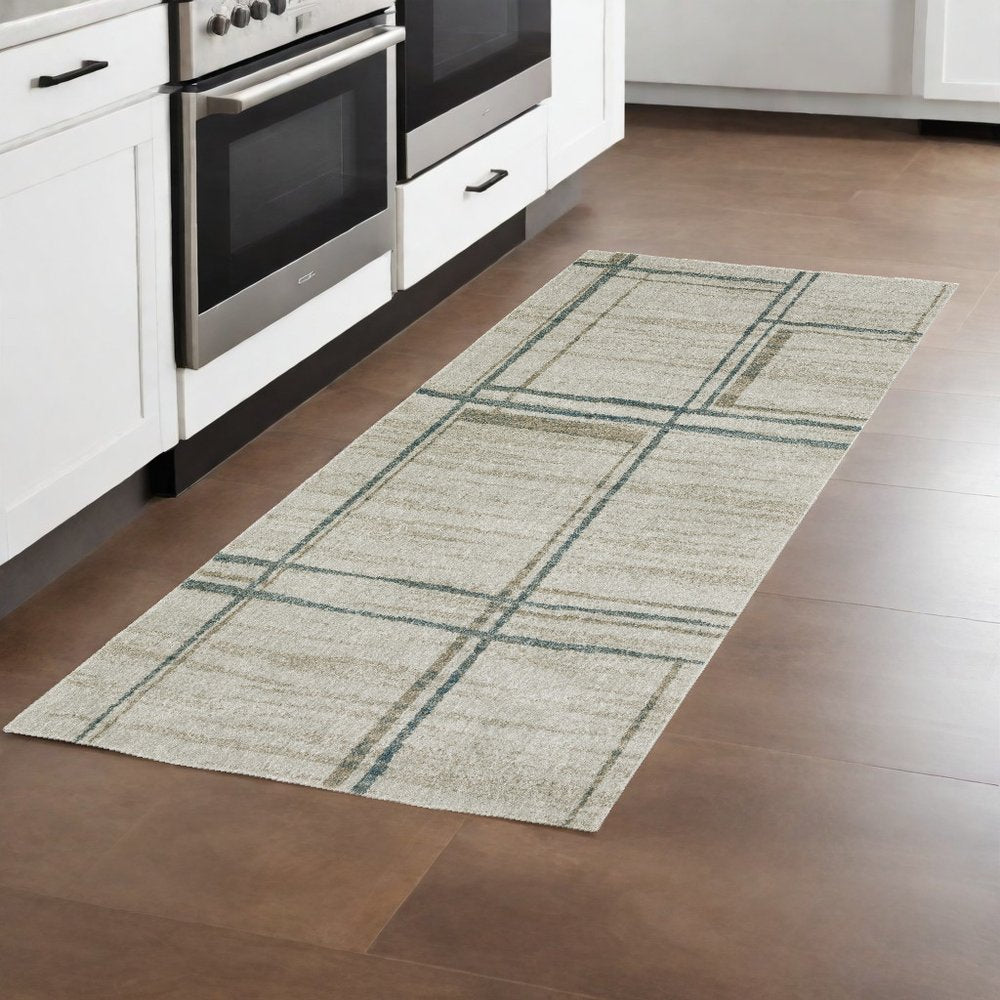 8' Beige And Blue Geometric Distressed Runner Rug