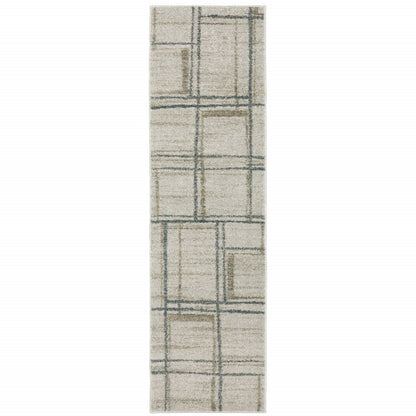 8' Beige And Blue Geometric Distressed Runner Rug
