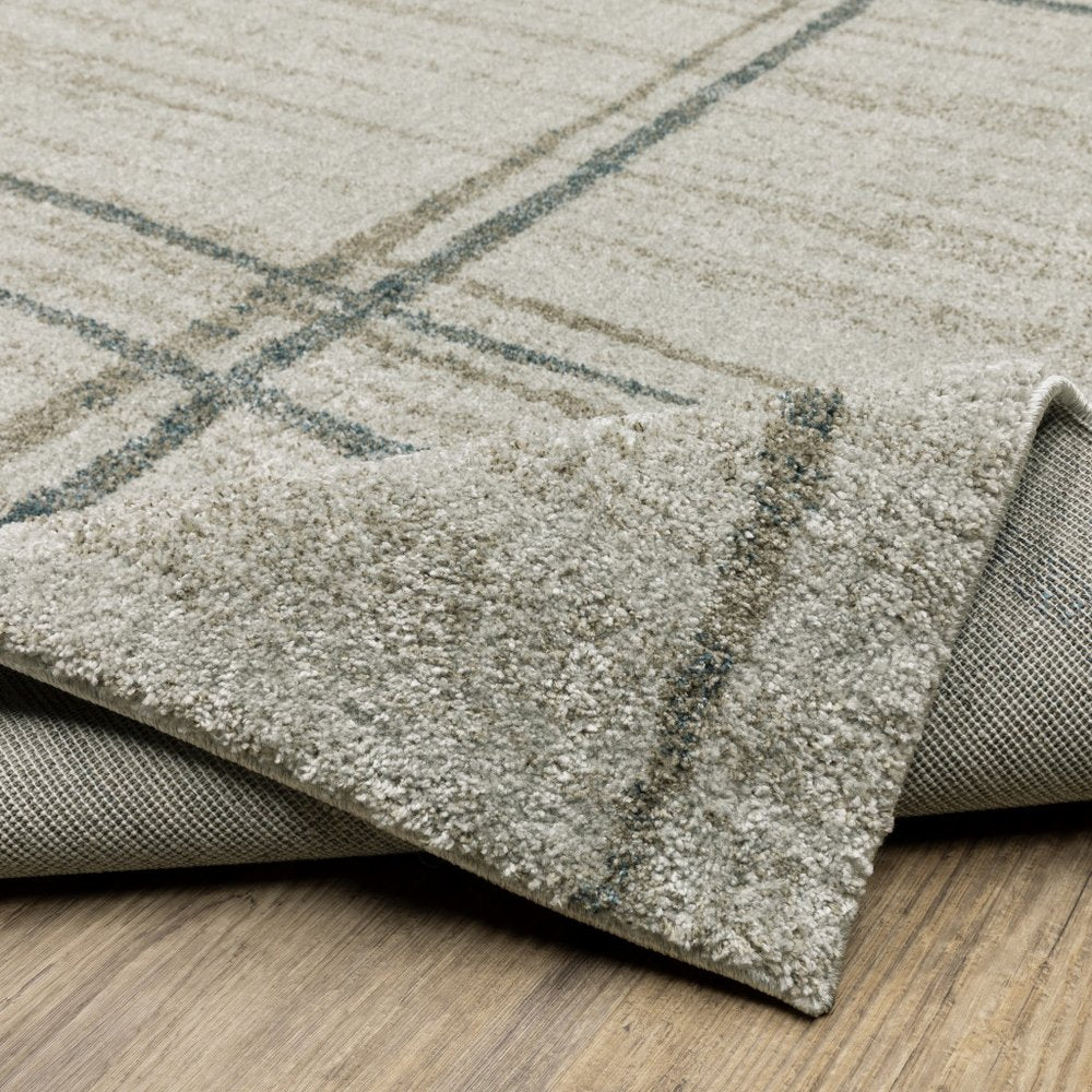 8' Beige And Blue Geometric Distressed Runner Rug