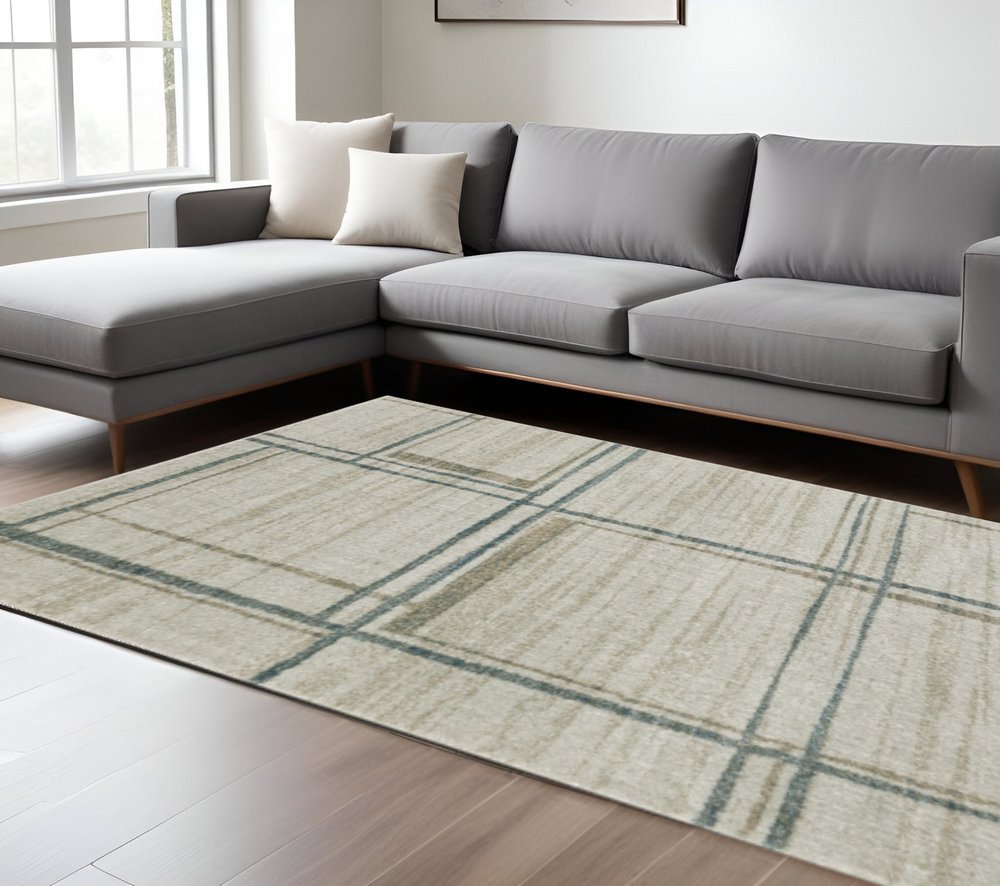 10' X 13' Grey Teal Beige and Tan Geometric Power Loom Area Rug