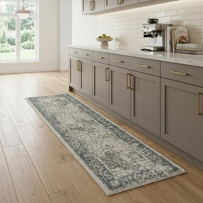 8' Beige And Blue Oriental Distressed Runner Rug