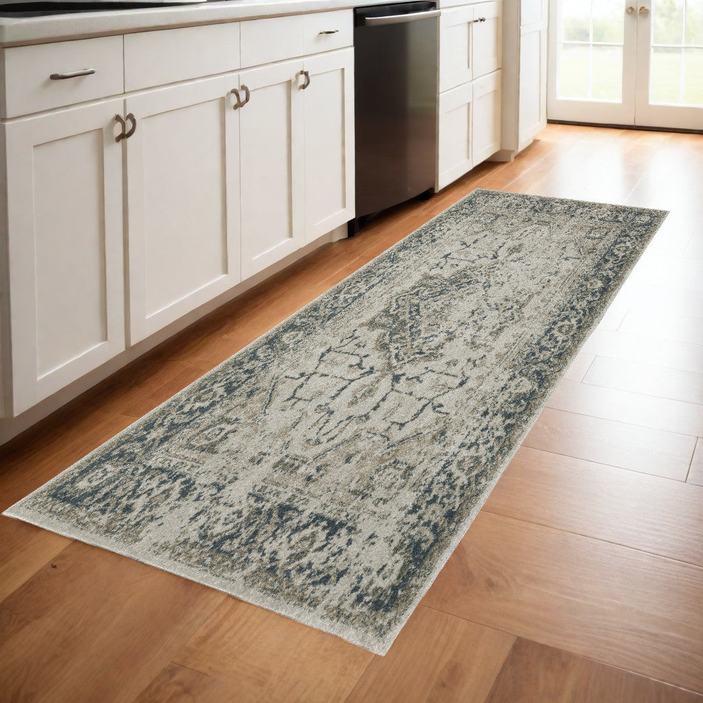 8' Runner Blue and Gray Oriental Power Loom Runner Rug