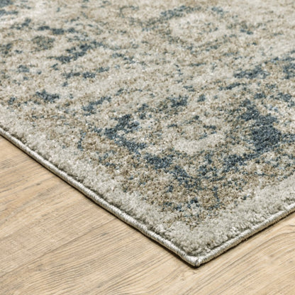 8' Beige And Blue Oriental Distressed Runner Rug