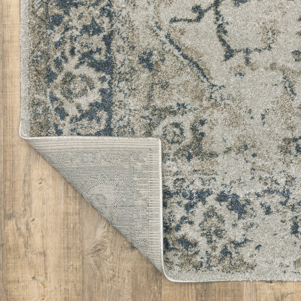 8' Beige And Blue Oriental Distressed Runner Rug