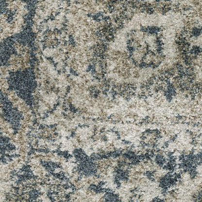 8' Beige And Blue Oriental Distressed Runner Rug