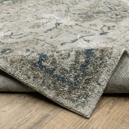 8' Beige And Blue Oriental Distressed Runner Rug