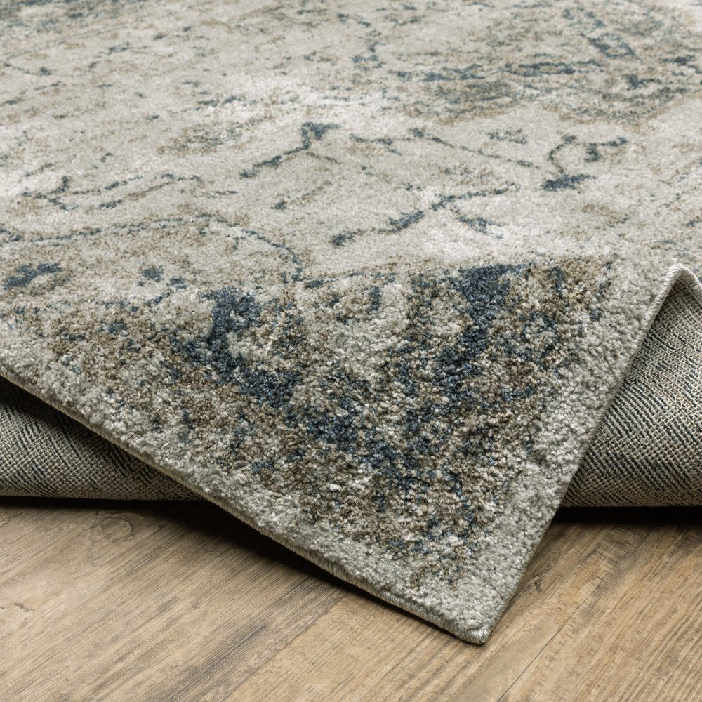8' Beige And Blue Oriental Distressed Runner Rug