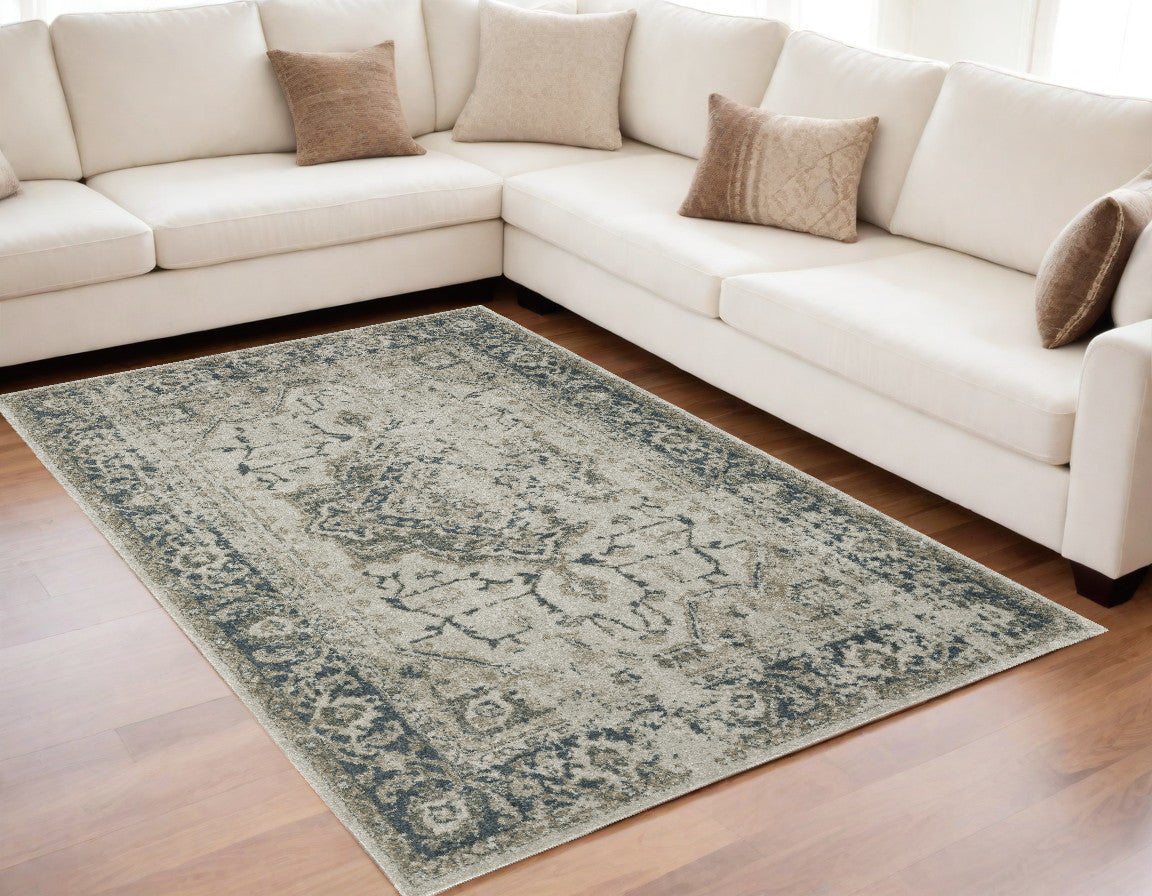 5' X 8' Blue and Gray Oriental Power Loom Area Rug