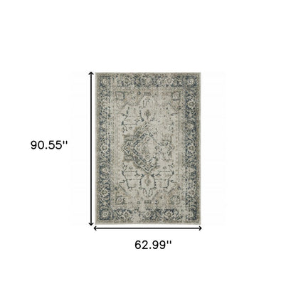 5' X 8' Beige And Blue Oriental Distressed Area Rug