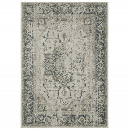 5' X 8' Beige And Blue Oriental Distressed Area Rug