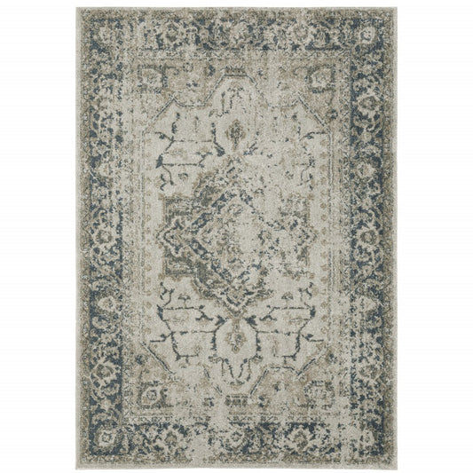 5' X 8' Beige And Blue Oriental Distressed Area Rug