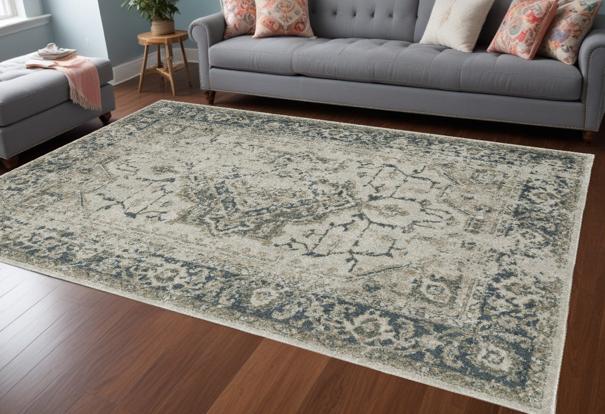 7' X 10' Blue and Gray Oriental Power Loom Area Rug