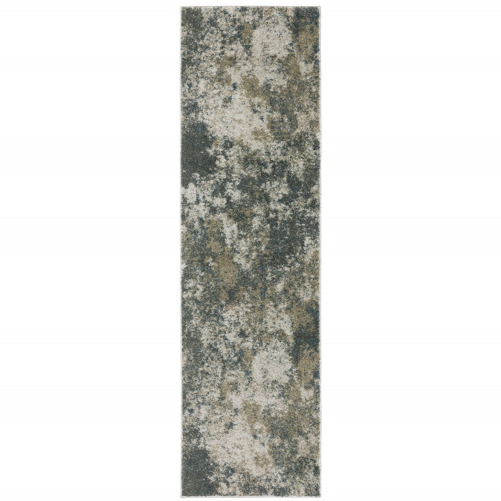 8' Blue And Beige Abstract Distressed Runner Rug
