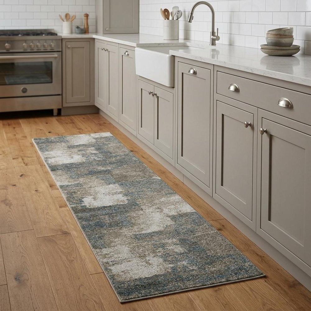 8' Teal Blue And Brown Geometric Distressed Runner Rug