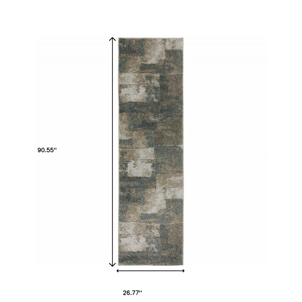 8' Teal Blue And Brown Geometric Distressed Runner Rug