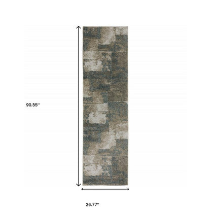 8' Teal Blue And Brown Geometric Distressed Runner Rug