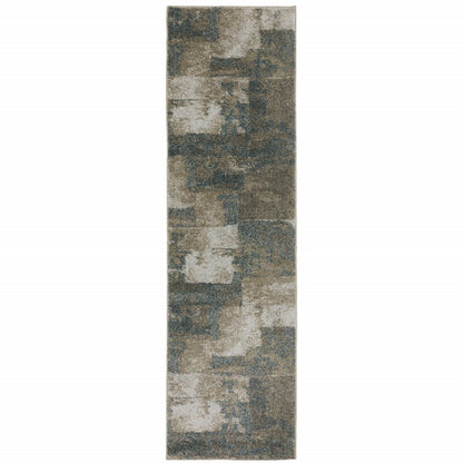 8' Teal Blue And Brown Geometric Distressed Runner Rug
