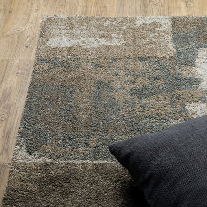 8' Teal Blue And Brown Geometric Distressed Runner Rug