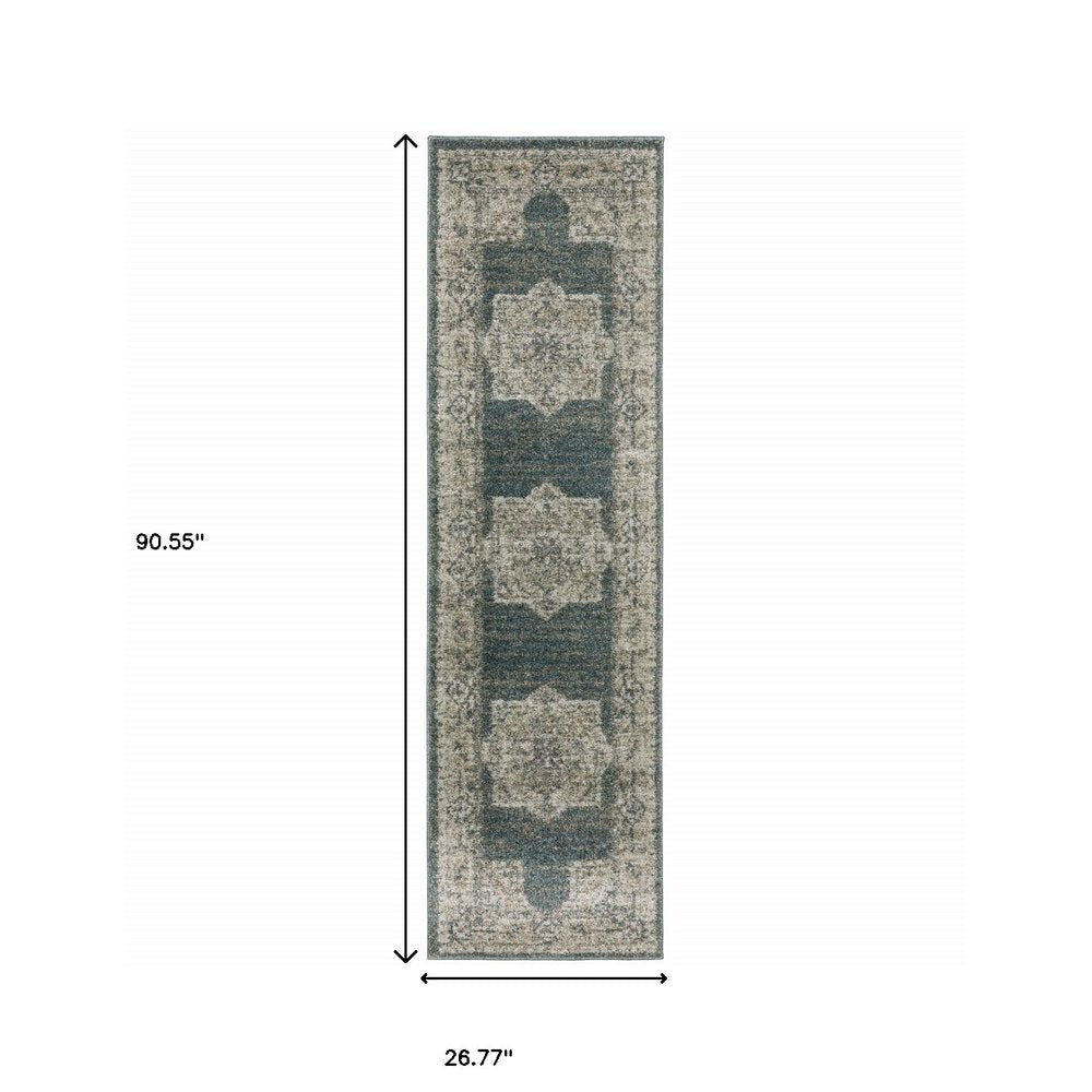 8' Blue And Beige Oriental Runner Rug