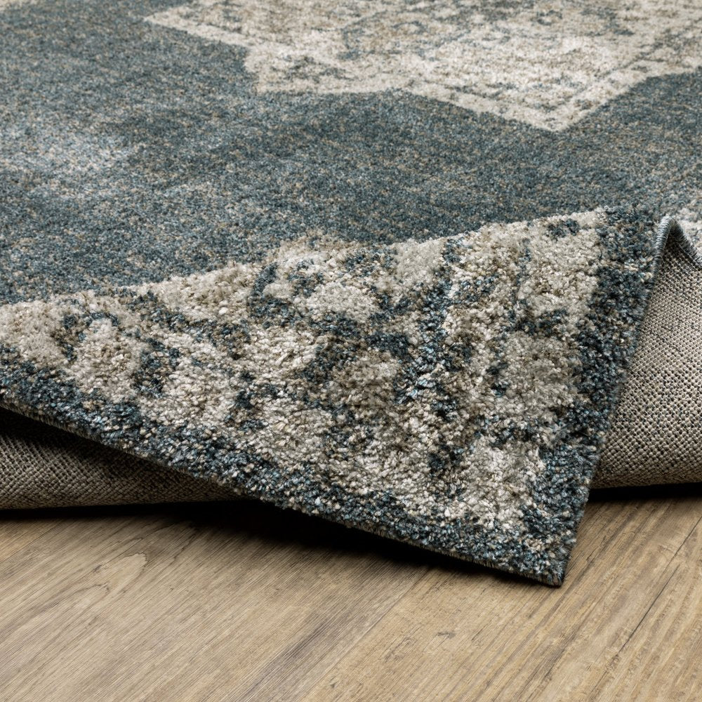 8' Blue And Beige Oriental Runner Rug
