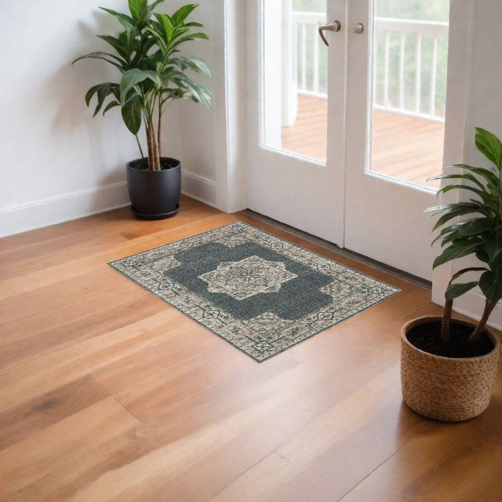 3' X 5' Blue and Beige Oriental Power Loom Area Rug