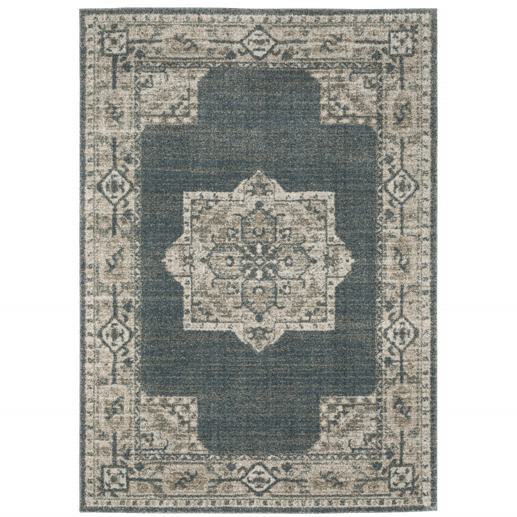 3' X 5' Blue and Beige Oriental Power Loom Area Rug