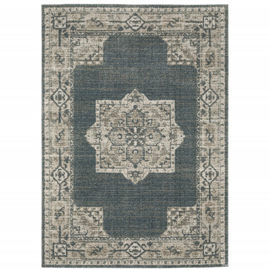 3' X 5' Blue and Beige Oriental Power Loom Area Rug