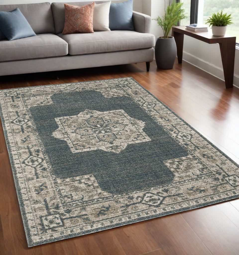 5' X 8' Blue and Beige Oriental Power Loom Area Rug