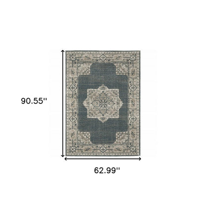5' X 8' Blue and Beige Oriental Power Loom Area Rug