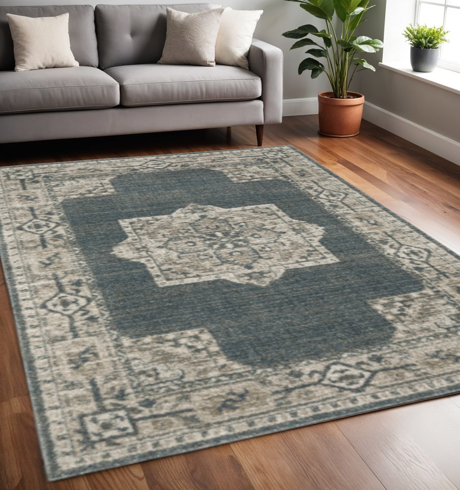 5' X 8' Blue and Beige Oriental Power Loom Area Rug