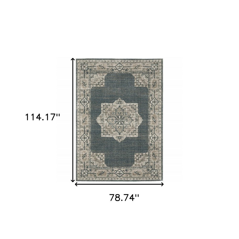 7' X 10' Blue and Beige Oriental Power Loom Area Rug