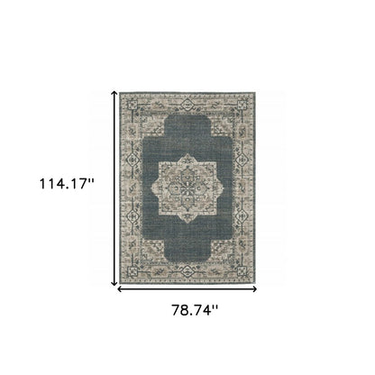 7' X 10' Blue and Beige Oriental Power Loom Area Rug