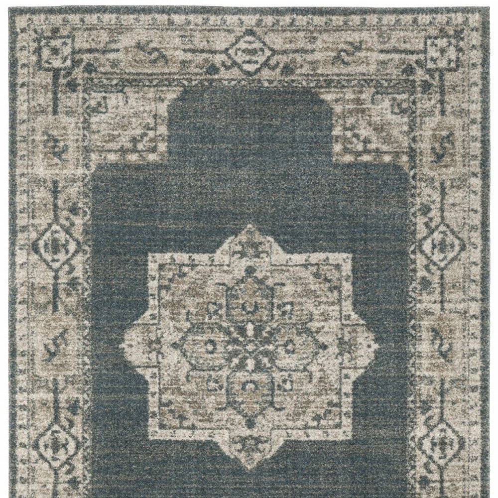 7' X 10' Blue and Beige Oriental Power Loom Area Rug